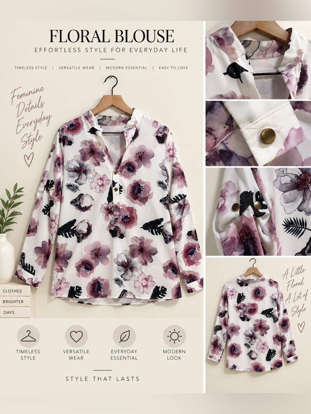 Floral Mandarin Collar Women’s Blouse in White and Mauve